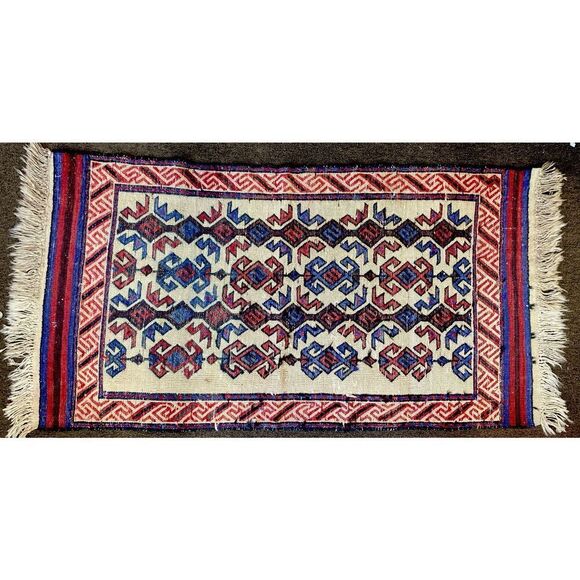 Vintage Afghan Flat weave Woven Wool Nomadic Rug Red Blue Geometric 55” x 29” - Picture 2 of 15